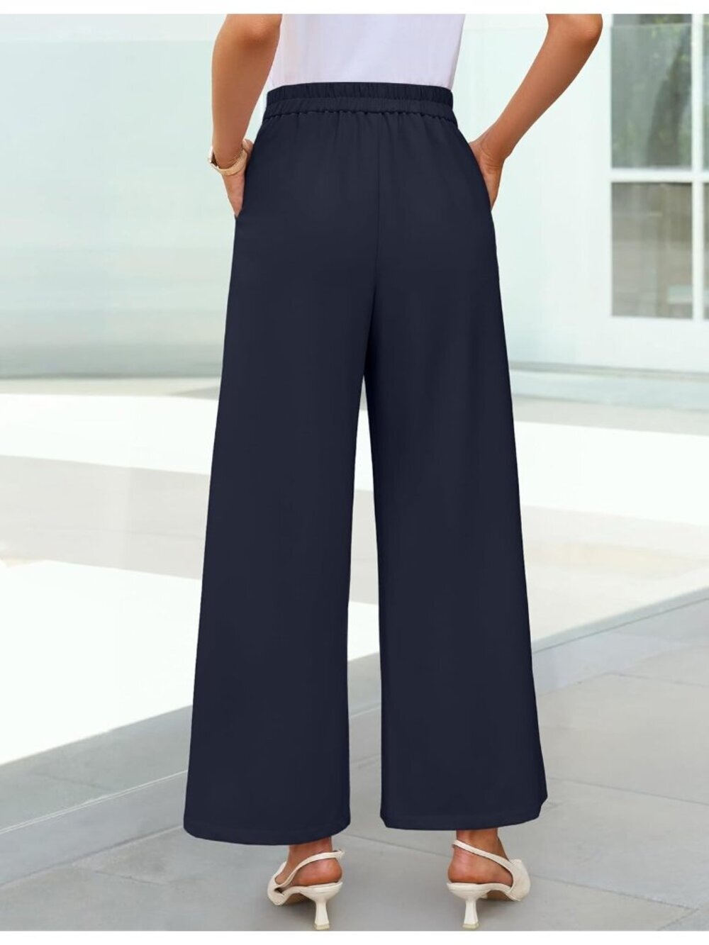 Women's Navy Wide Leg High Waisted Casual Loose Flowy Fashionable Palazzo Pants - Picture 5 of 6